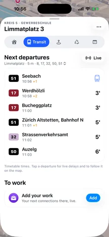 MiniZürich screen: Next departures from Limmatplatz, with live delays