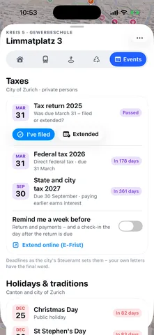 MiniZürich screen: Tax deadlines, with a reminder a week before