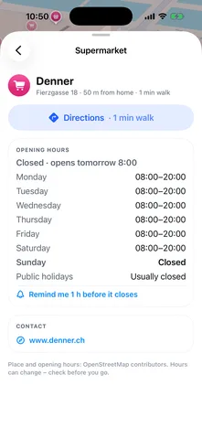 MiniZürich screen: A shop's opening hours and the closing reminder