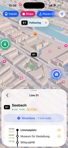 MiniZürich screen: Following bus 51, with its live delay