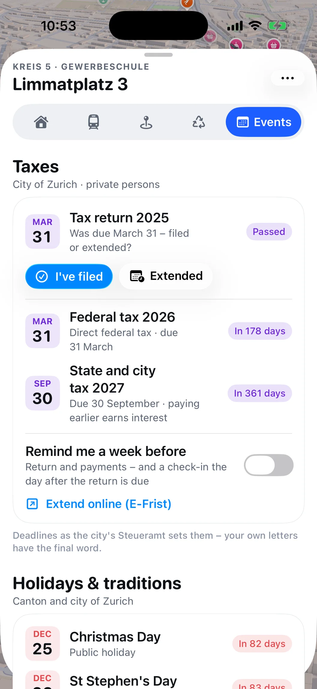 MiniZürich's Events tab: the 2025 tax deadlines with a reminder a week before, then holidays and traditions