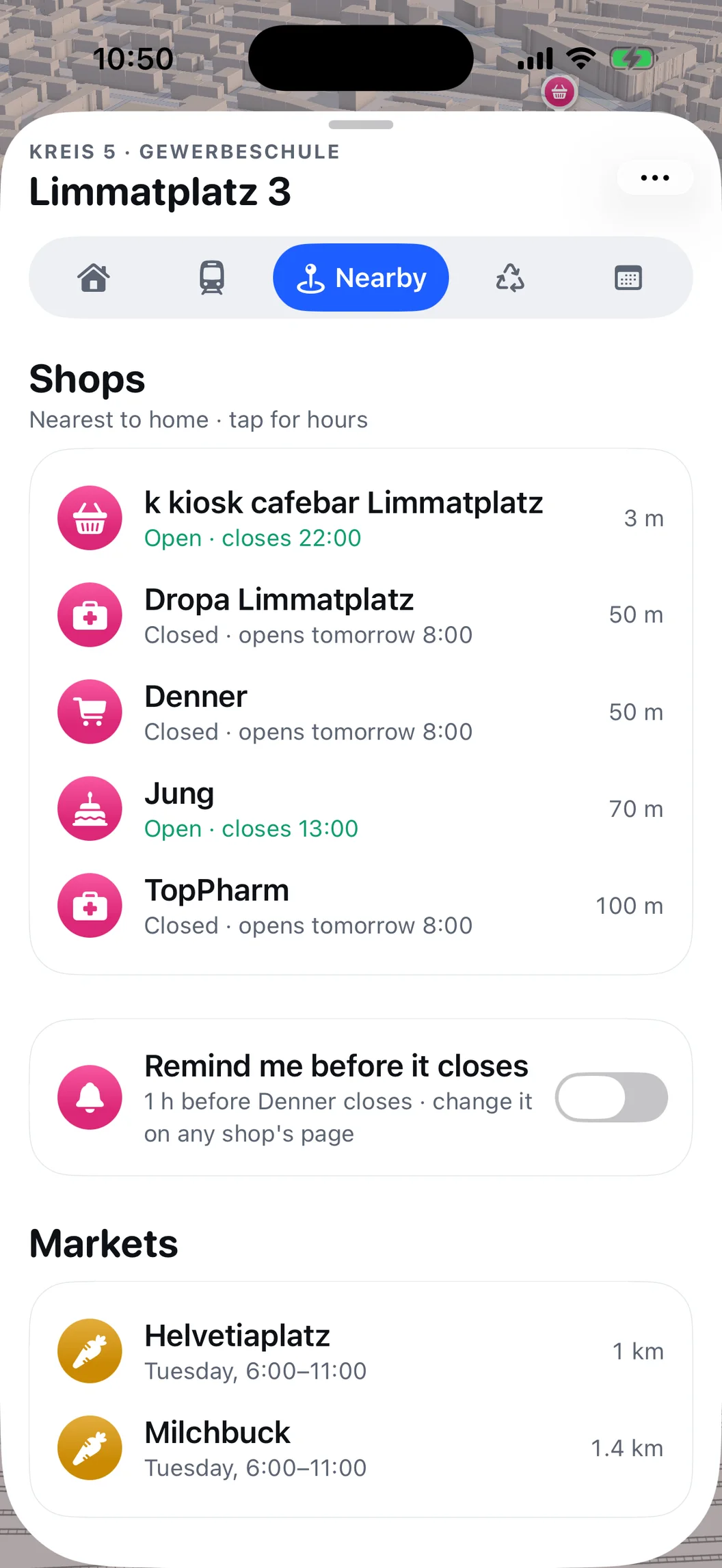 MiniZürich's Nearby tab: the shops nearest home, whether they're open, a closing-time reminder and nearby markets