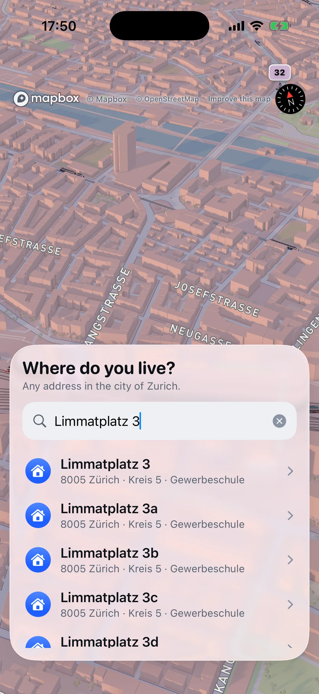 MiniZürich setup: typing Limmatplatz 3 finds it among every address in the city