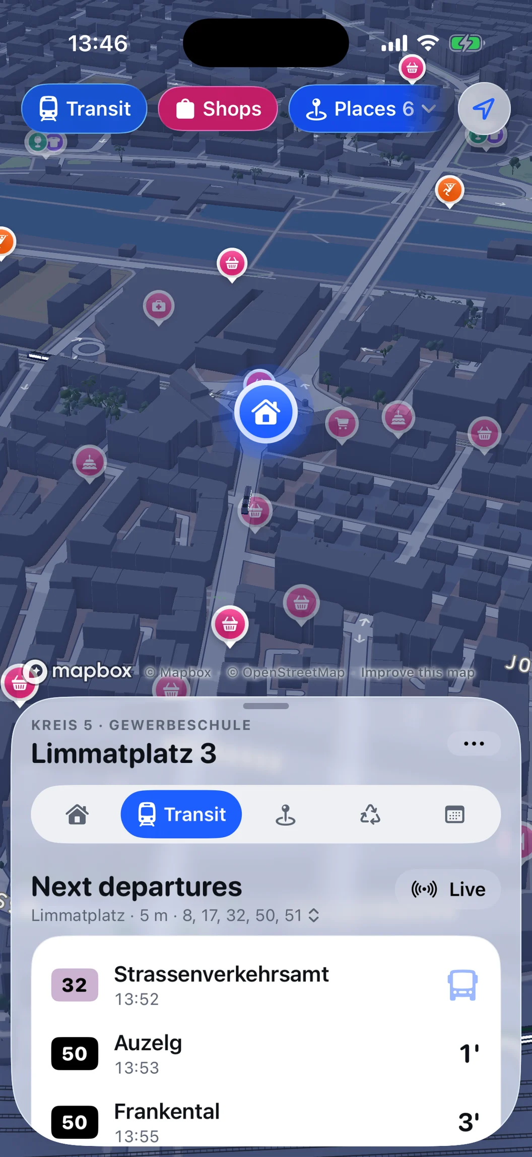 The same MiniZürich map view at night