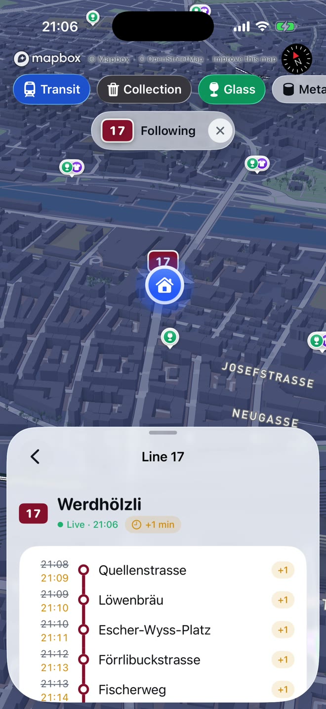 MiniZürich following tram 17 from Limmatplatz through the streets of Kreis 5, with its next stops and a live delay